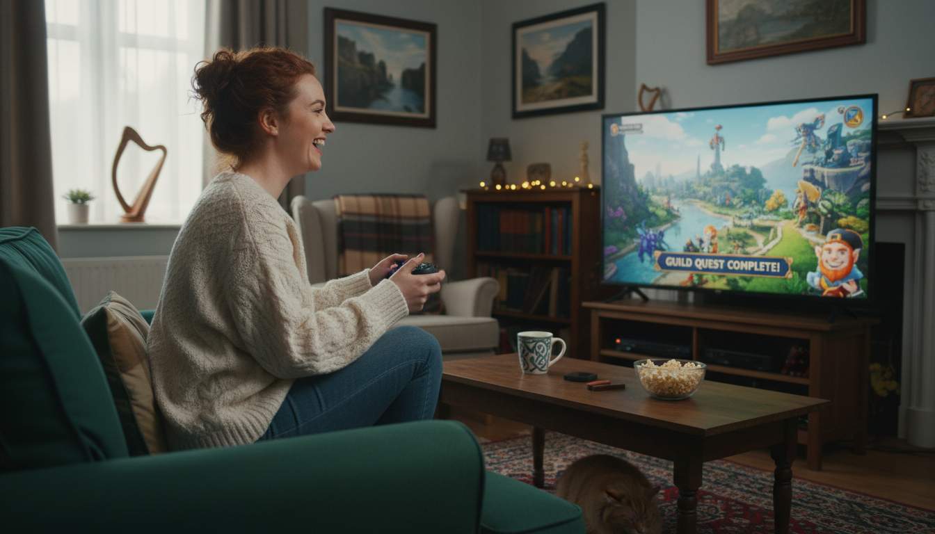 Excited woman enjoying online gaming